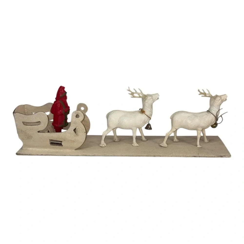 Vtg Paper Mache Cardboard Sleigh Celluloid Reindeer Plastic Santa Christmas Mica